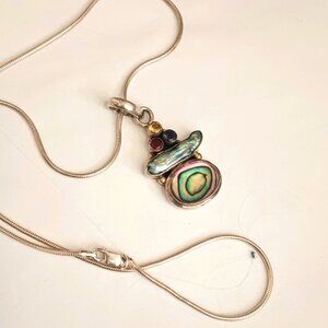 925 Vintage Abalone Necklace 18" Sterling Silver Abstract Shell Pendant Jewelry